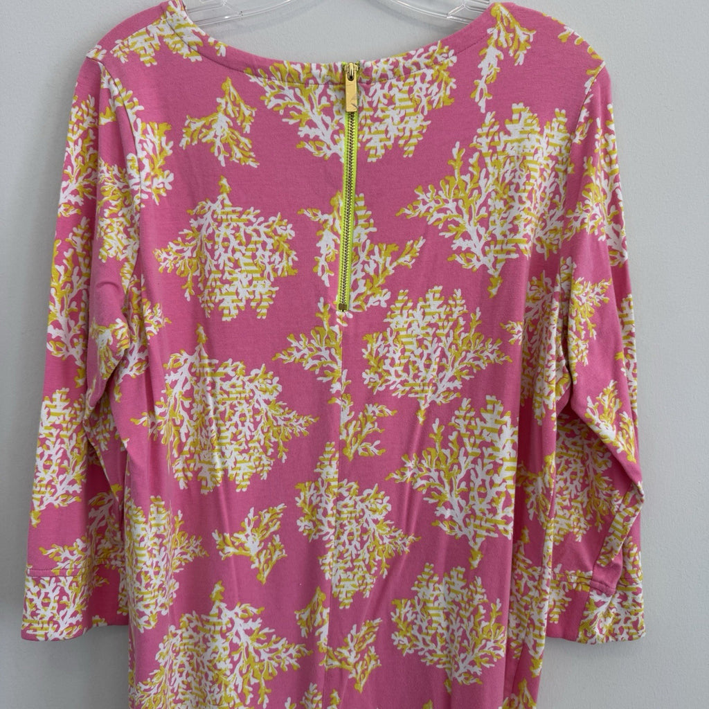 Crown & Ivy Pink Coral Print Shift Dress L 3/4 Sleeve Preppy Coastal Women’s