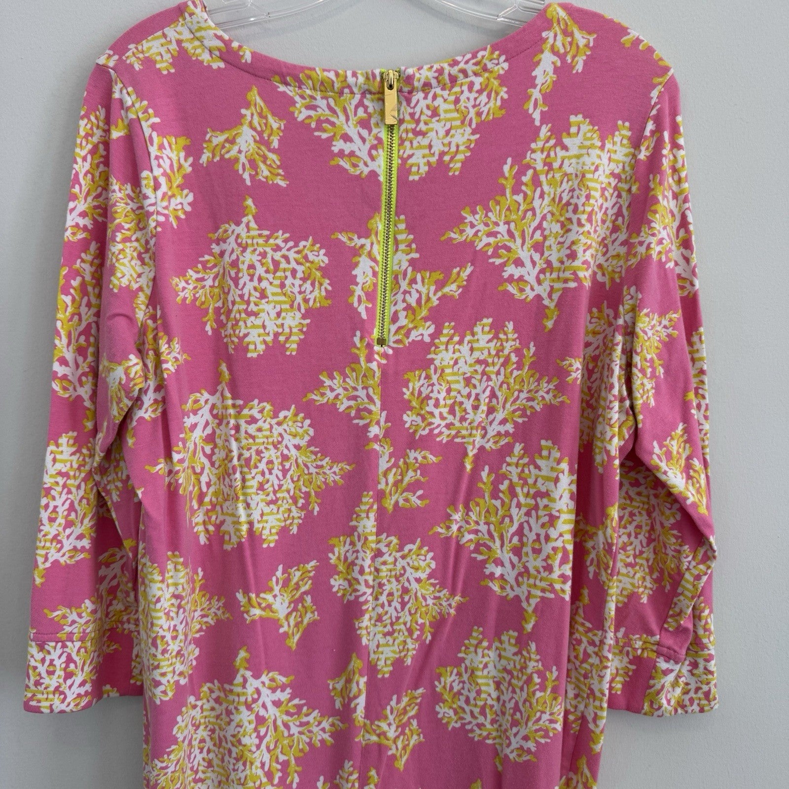 Crown & Ivy Pink Coral Print Shift Dress L 3/4 Sleeve Preppy Coastal Women’s
