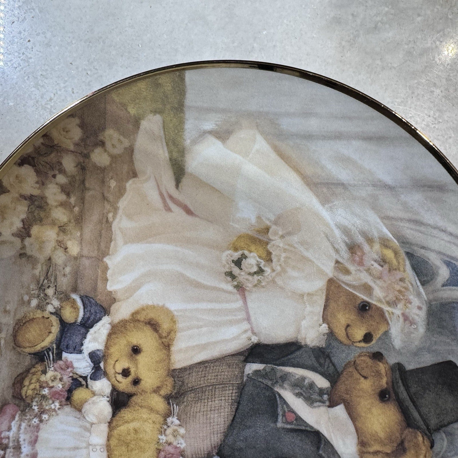 Franklin Mint Just Married Teddy Bear Wedding Collector Plate 8” Gold Trim
