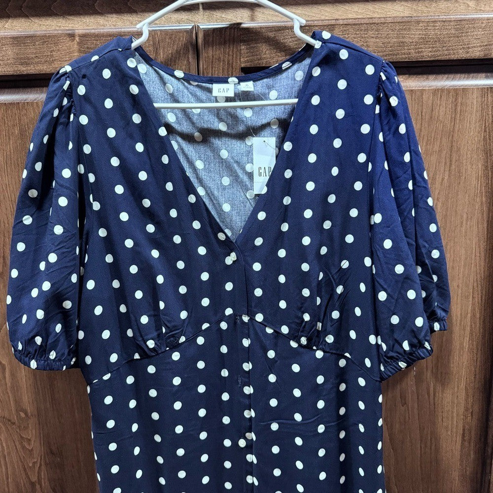 GAP Navy Polka Dot Puff Sleeve Dress XL | Button Front Retro Vibes
