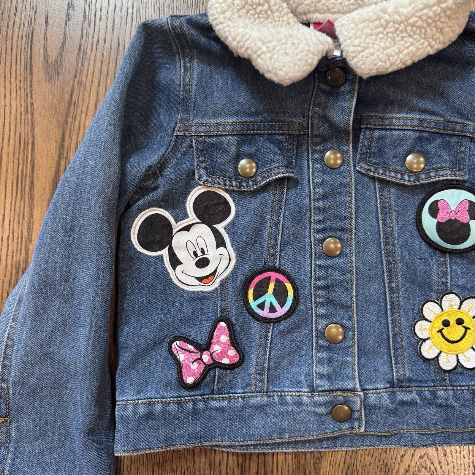 Disney Minnie Mouse Girls Denim Jacket Sherpa Collar Patchwork Size 4T