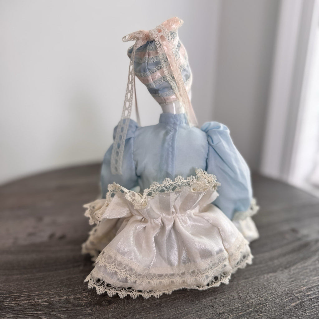 Vintage Porcelain Pierrot Doll Seated Blue Satin Lace French Harlequin 18" Shelf