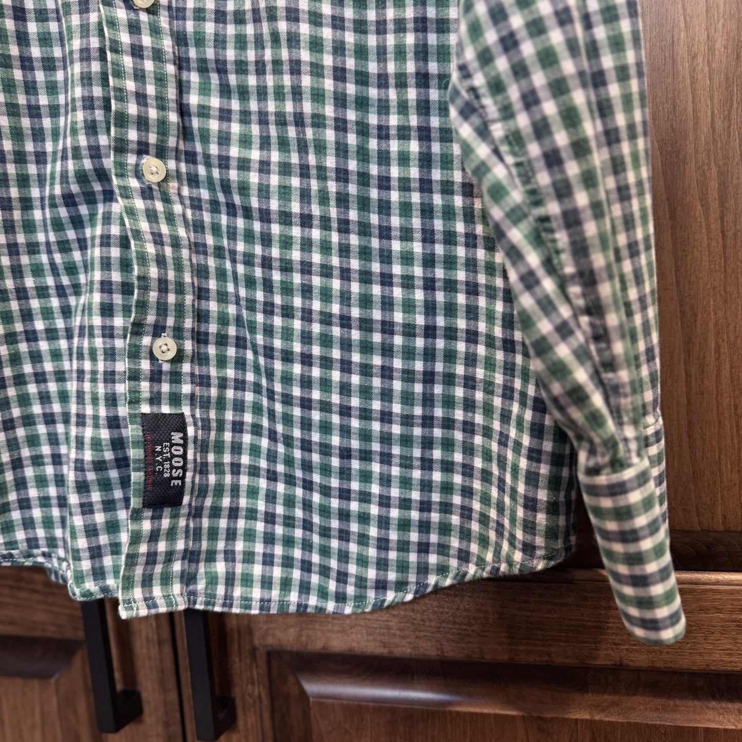 Moose NYC Green White Plaid Button Down Shirt Size Small 100% Cotton Casual