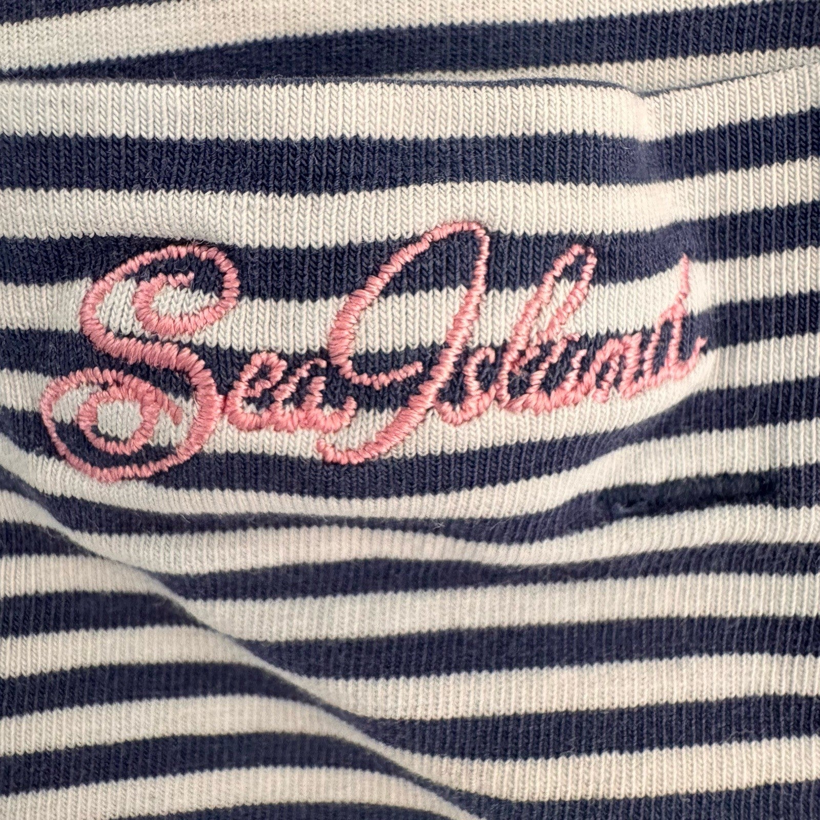 B. Draddy Men's Large Pima Cotton Striped Polo Shirt Navy White Pink Script