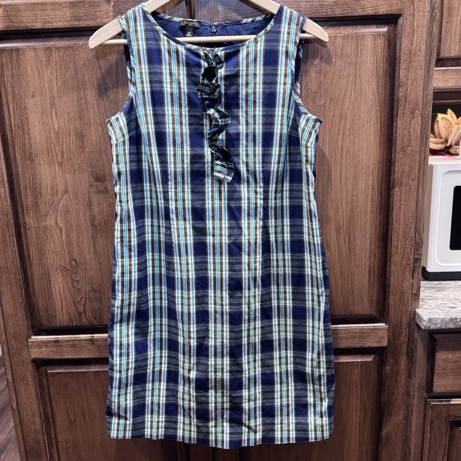 Talbots Petites 10P Sleeveless Plaid Dress Ruffle Front Blue Green 