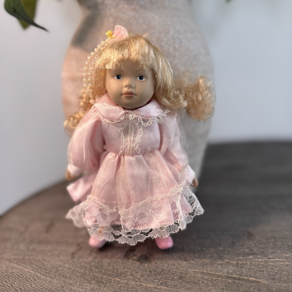 Vintage Bisque Porcelain Doll 7" Blonde Curls Pink Satin Lace Dress & Faux Pearl