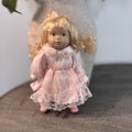 Vintage Bisque Porcelain Doll 7" Blonde Curls Pink Satin Lace Dress & Faux Pearl