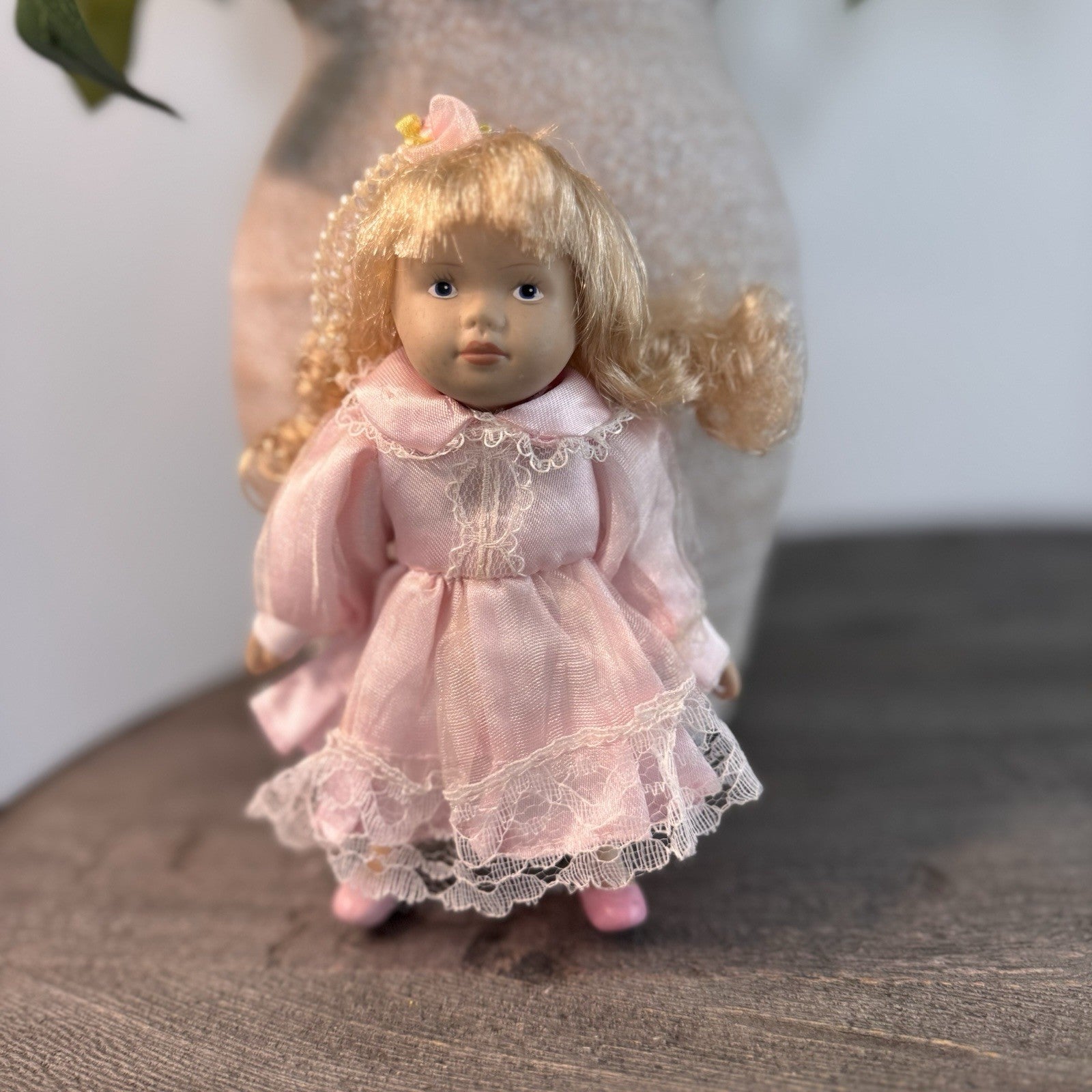 Vintage Bisque Porcelain Doll 7" Blonde Curls Pink Satin Lace Dress & Faux Pearl