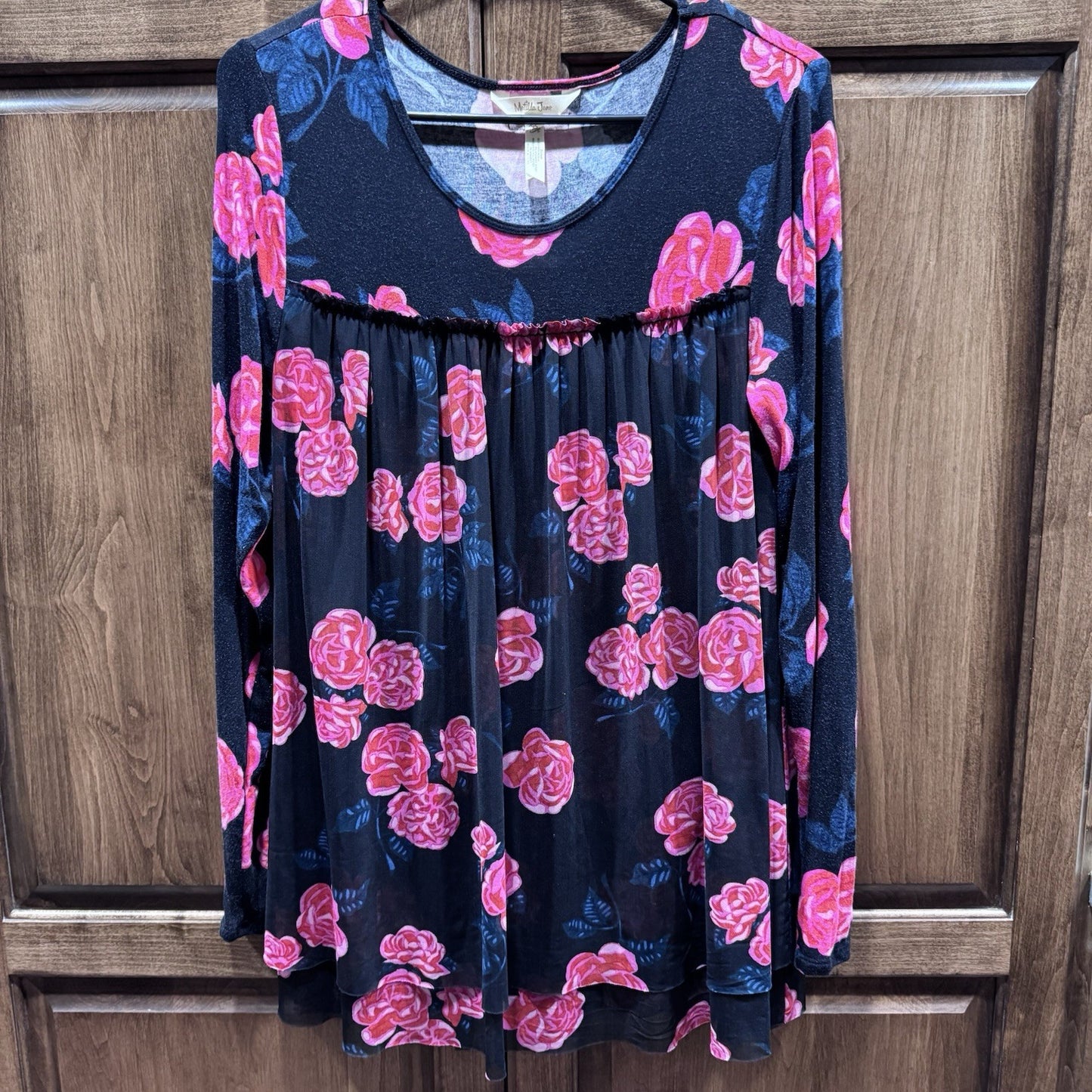 Matilda Jane Women’s XS Floral Babydoll Top Long Sleeve Black Pink Rose Print