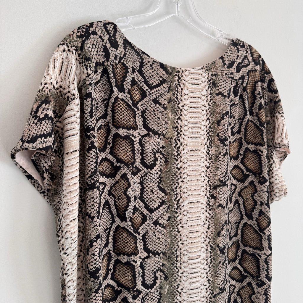 Buddy Love Snake Print Shift Dress Medium Pink Tan V-Neck Lined Women’s