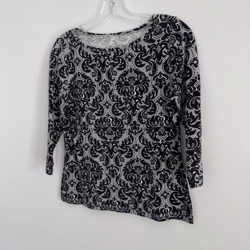 Talbots Petites M Black White Damask 3/4 Sleeve Cotton Top