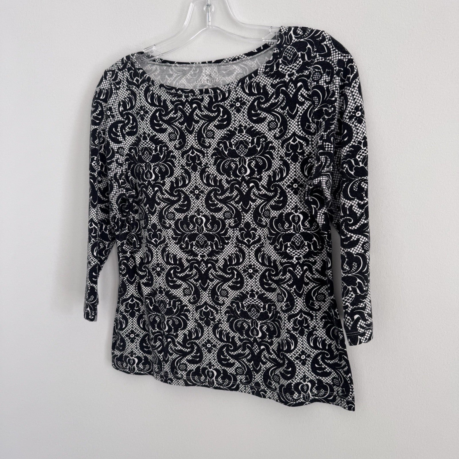 Talbots Petites M Black White Damask 3/4 Sleeve Cotton Top