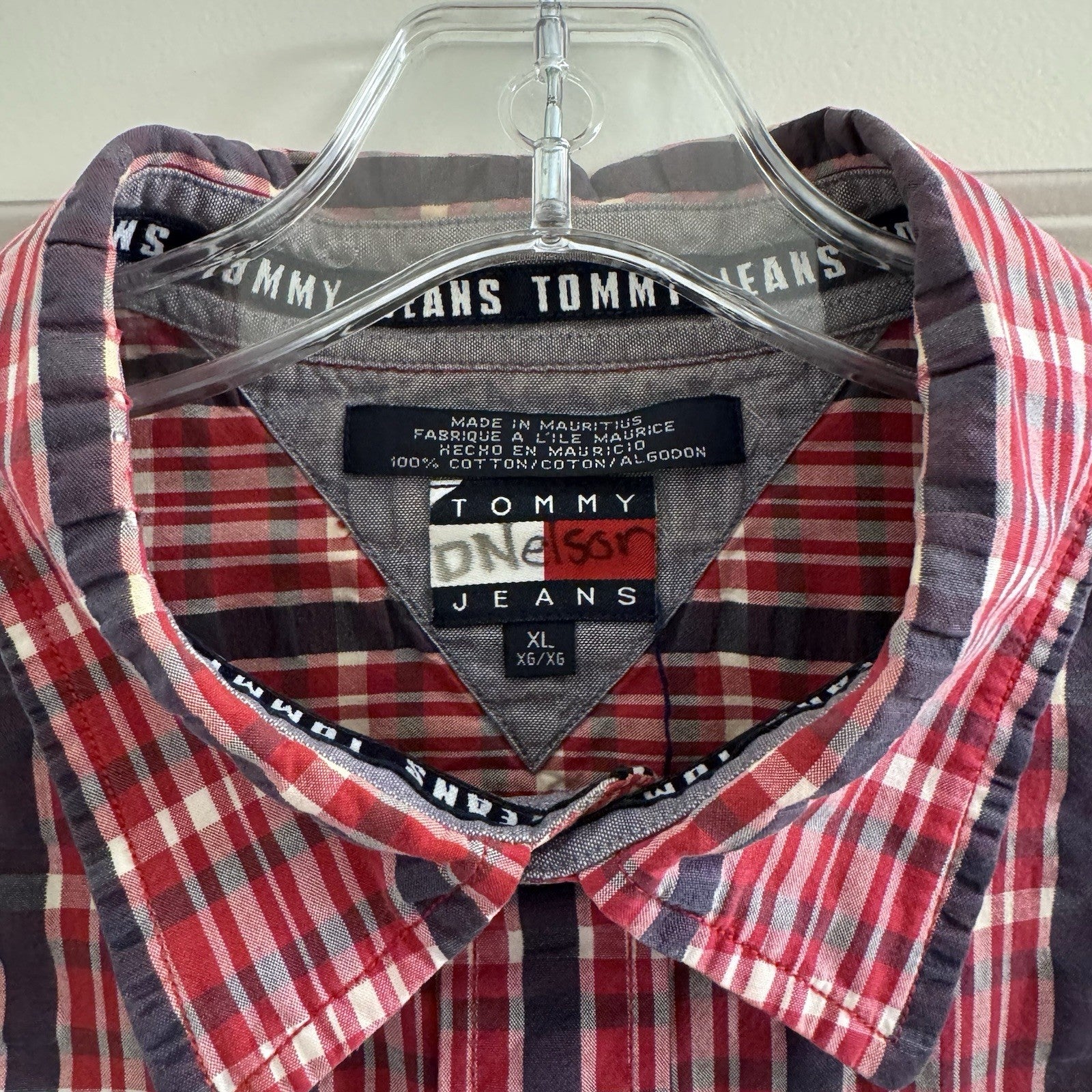 Vintage Tommy Jeans Red Plaid Shirt XL 2002 Mauritius Short Sleeve