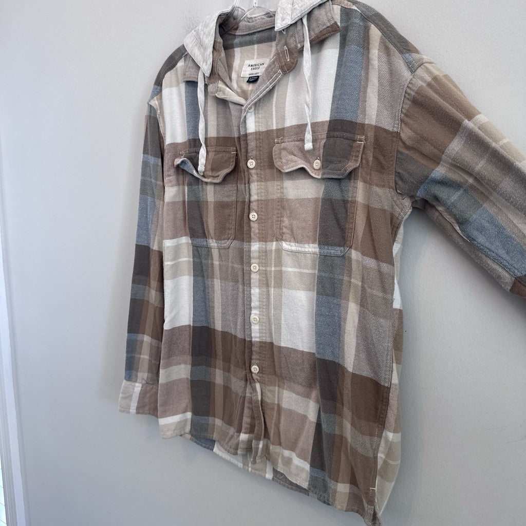 American Eagle Hooded Flannel Shirt XS Plaid Button Front Removable Hood