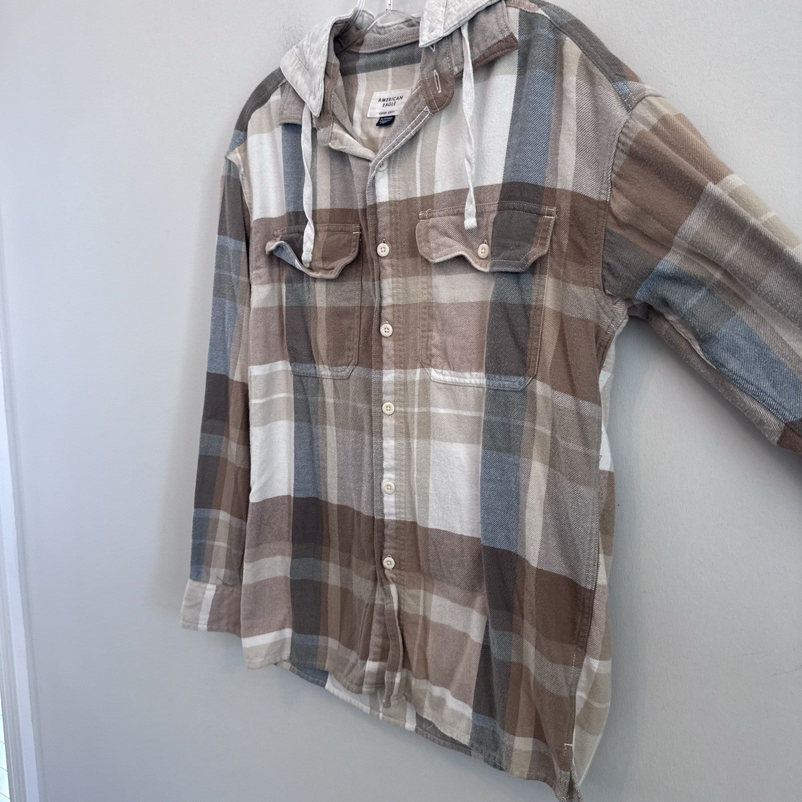 American Eagle Hooded Flannel Shirt XS Plaid Button Front Removable Hood