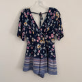 Francesca Blue Rain Floral Romper Women's Size XS Navy Blue V-Neck Boho Tie