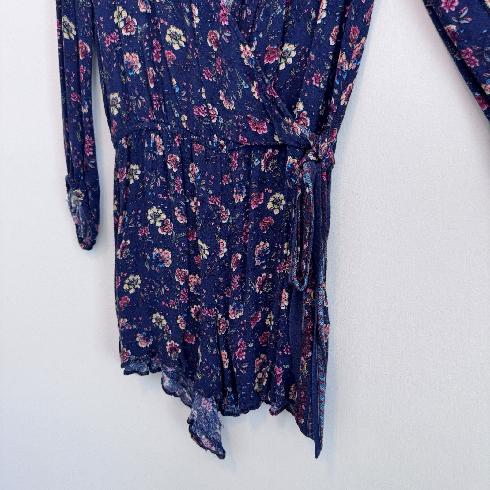 American Eagle Floral Wrap Romper Dress Small Blue Boho Long Sleeve