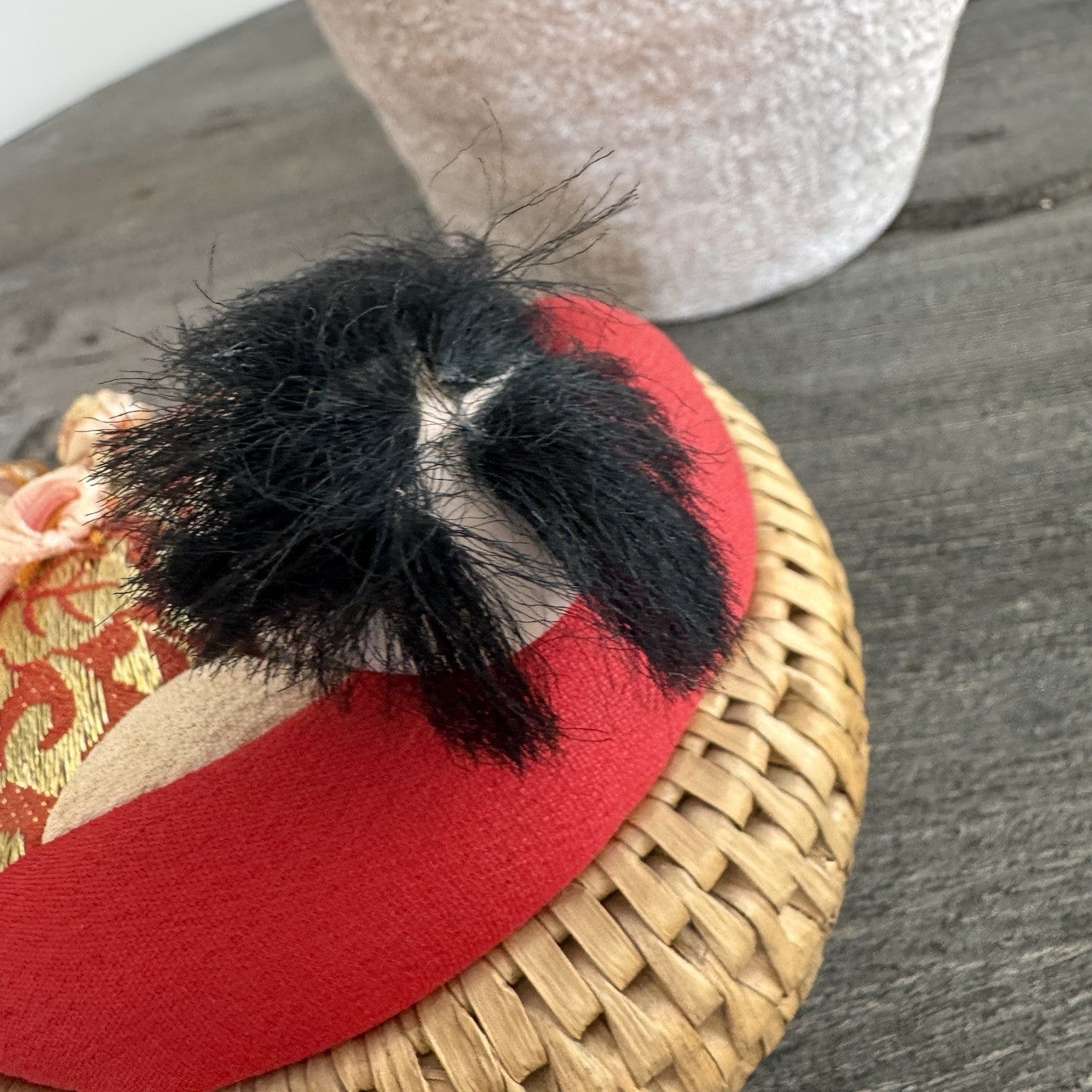 Vintage Japanese Woven Basket Doll Pincushion Geisha Silk Brocade Made in Japan