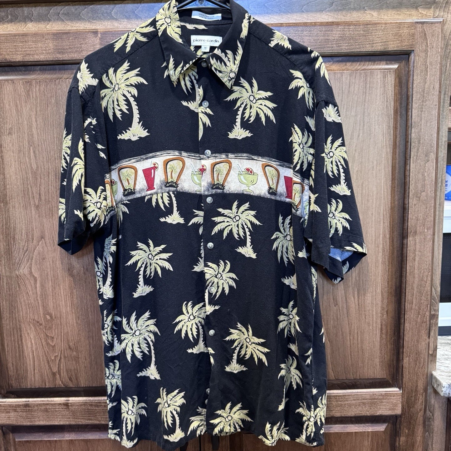 Pierre Cardin Men's Shirt Button Up Sz Med Palm Trees Tropical Drinks Black Tan