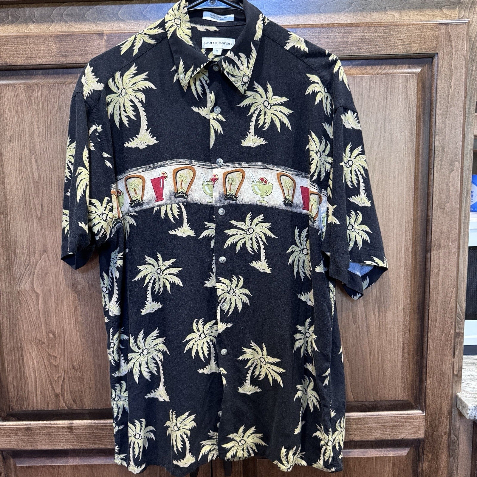 Pierre Cardin Men's Shirt Button Up Sz Med Palm Trees Tropical Drinks Black Tan