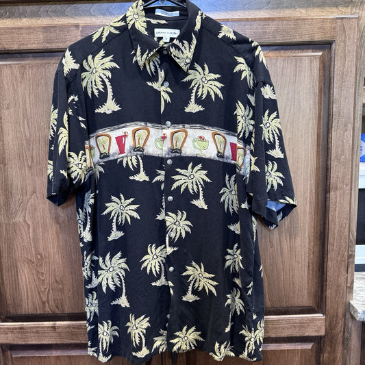 Pierre Cardin Men's Shirt Button Up Sz Med Palm Trees Tropical Drinks Black Tan