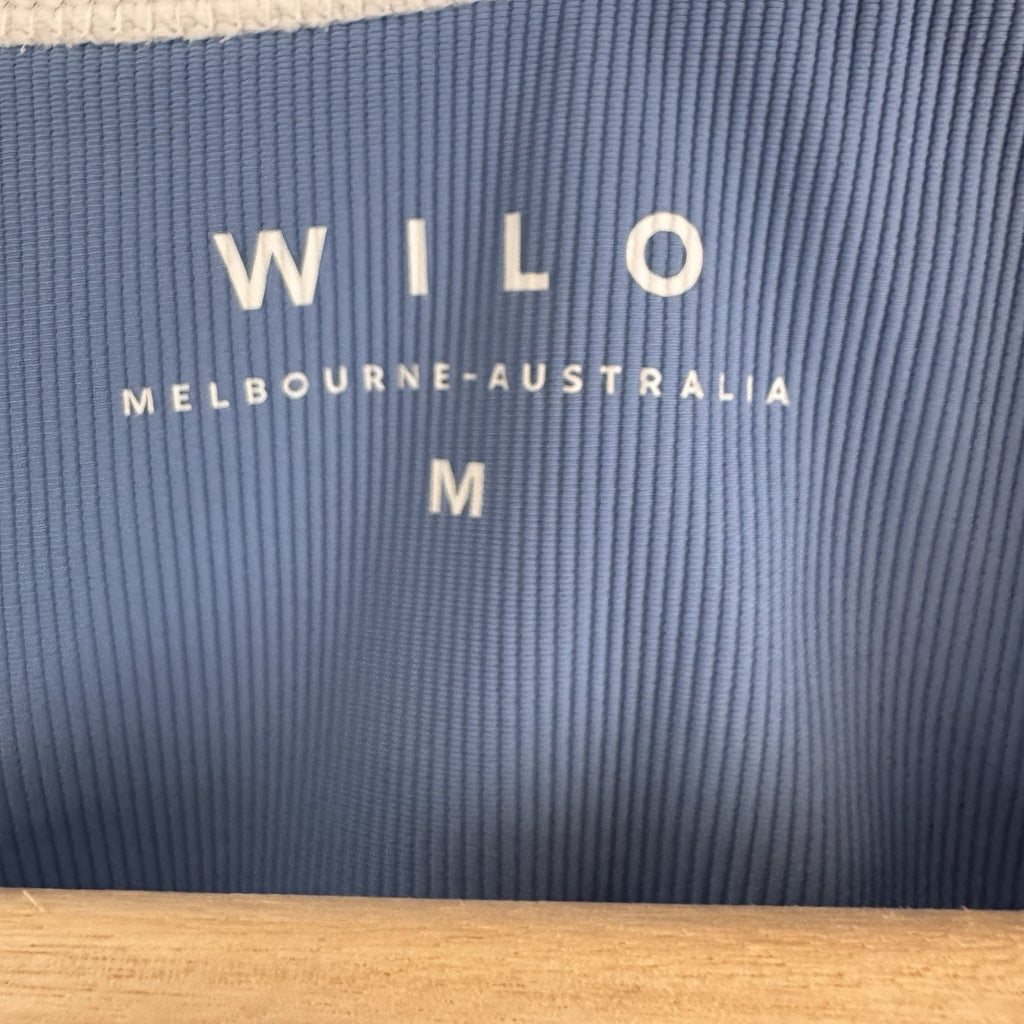 WILO Active Melbourne Australia Ribbed Sports Bra Blue White Contrast Trim M