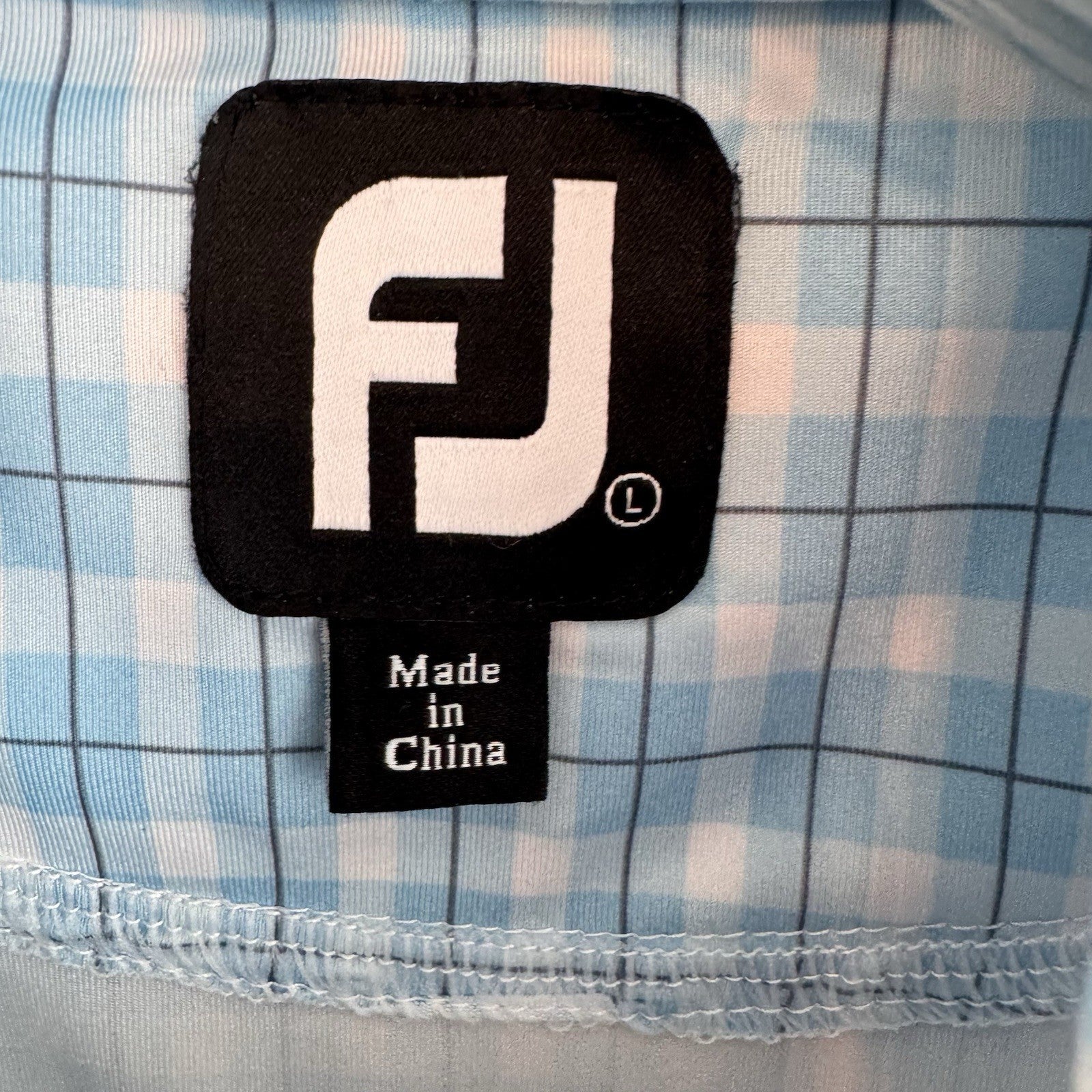 FJ Golf Polo Shirt Mens Large Blue White Gingham Plaid Performance Pocket