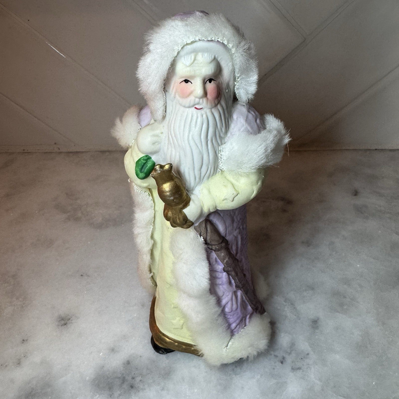 K's Collection 7" Old World Porcelain Santa Figurine with Faux Fur & Toy Napsack