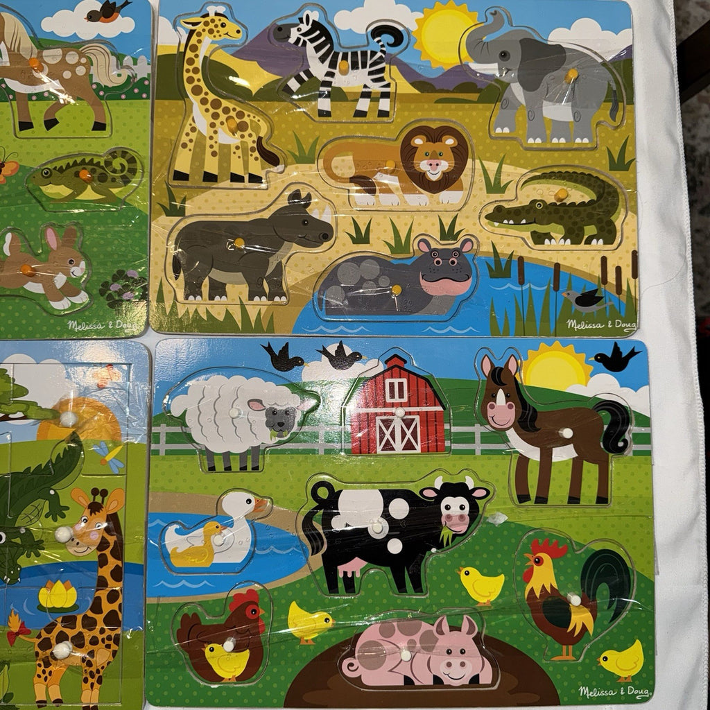 Four 4 Melissa & Doug Wooden Puzzles Farm, Animals, Lion, Horse, And More