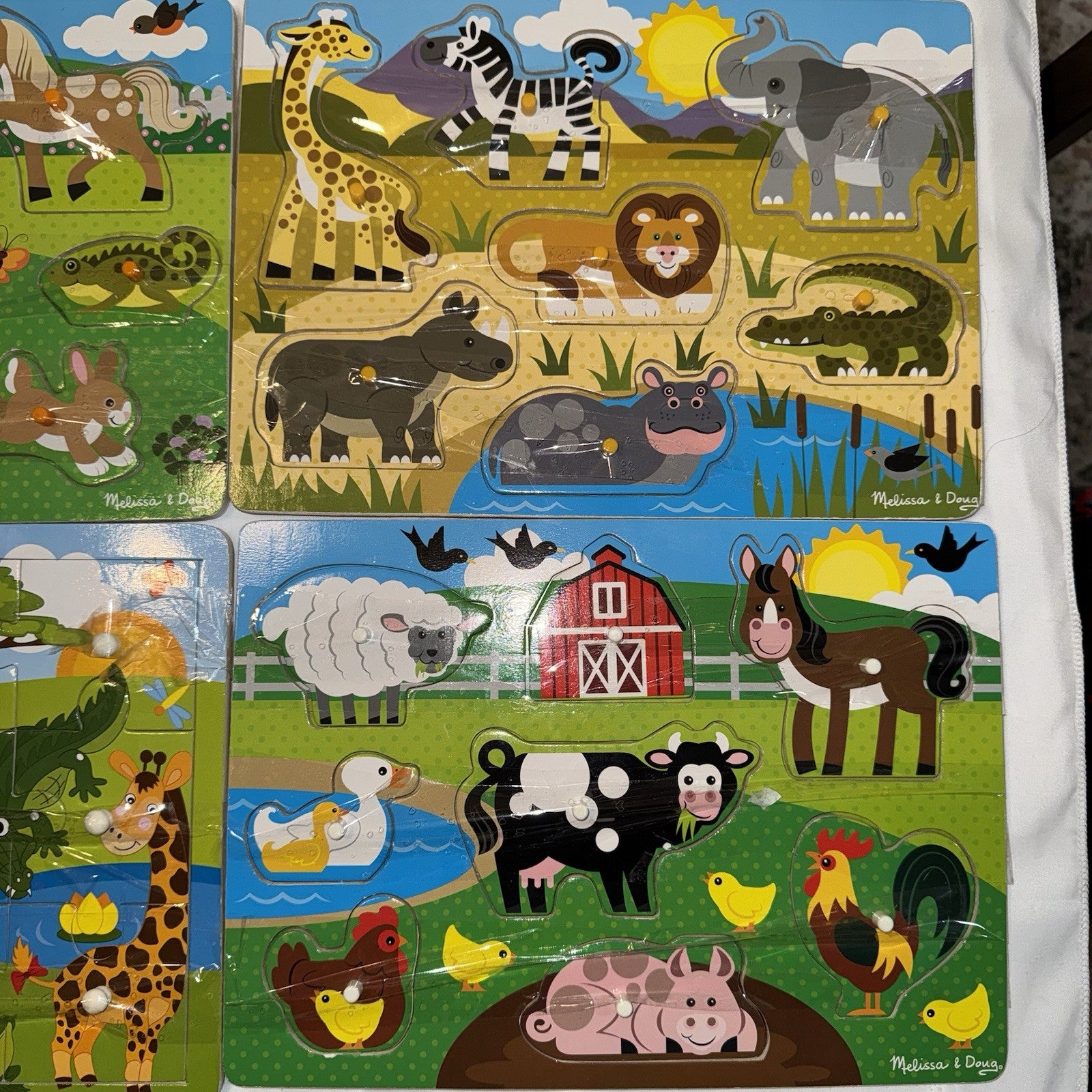 Four 4 Melissa & Doug Wooden Puzzles Farm, Animals, Lion, Horse, And More