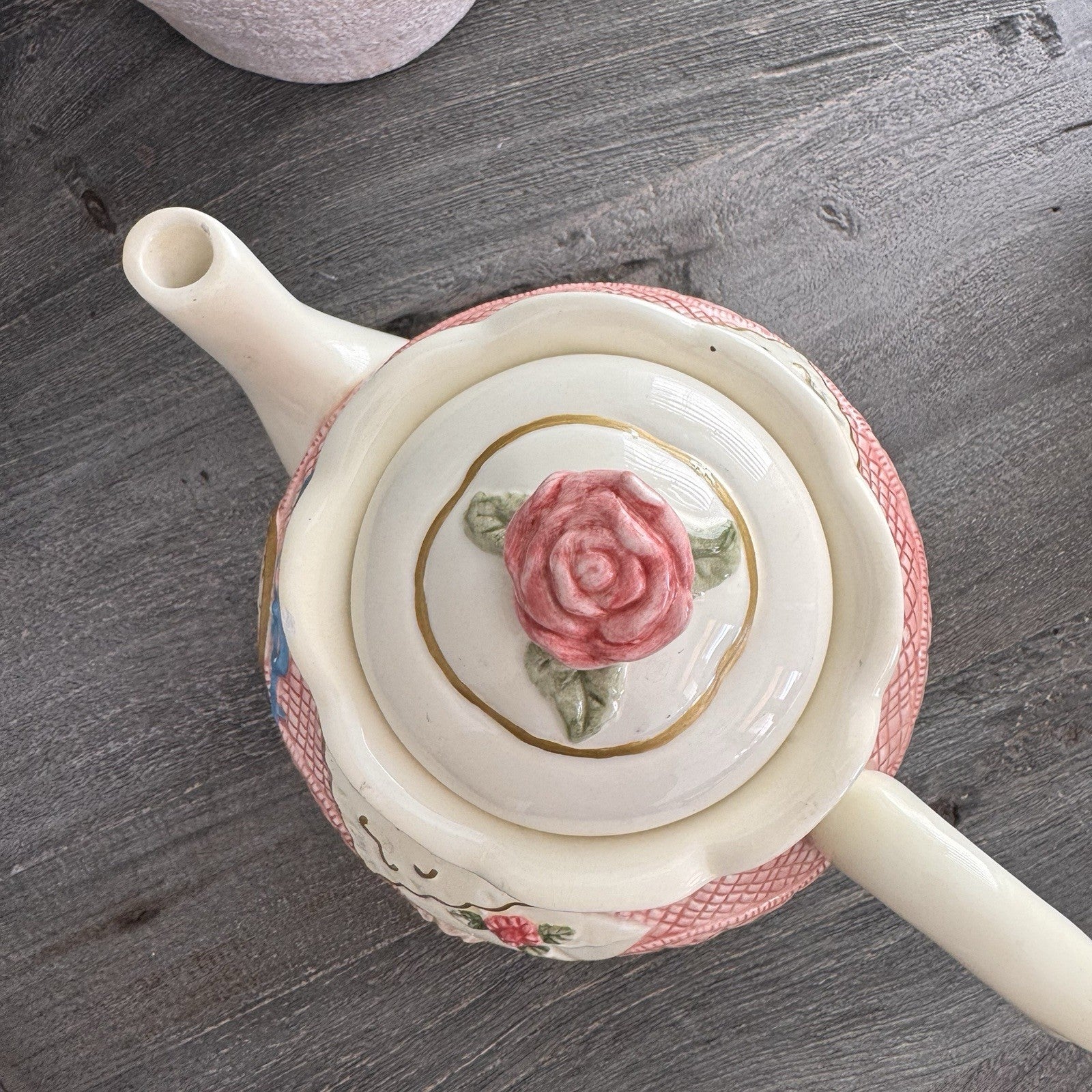 Seymour Mann Romance Teapot Thinking of You Clock Pink Lace Heart Rose Vtg