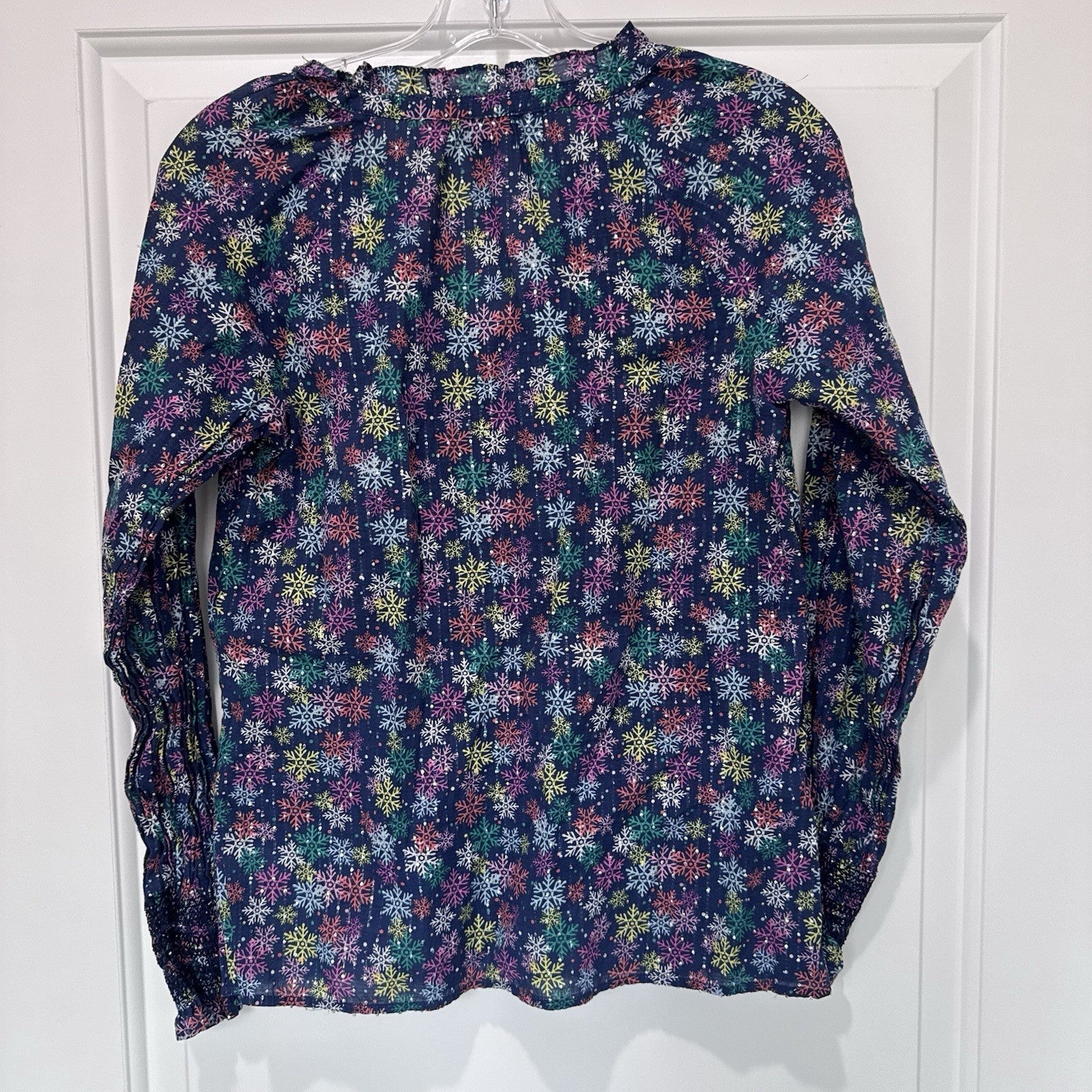 Talbots Snowflake Print Blouse XS Metallic Long Sleeve Navy Holiday Top Women