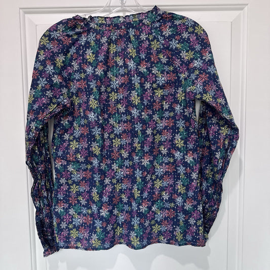 Talbots Snowflake Print Blouse XS Metallic Long Sleeve Navy Holiday Top Women