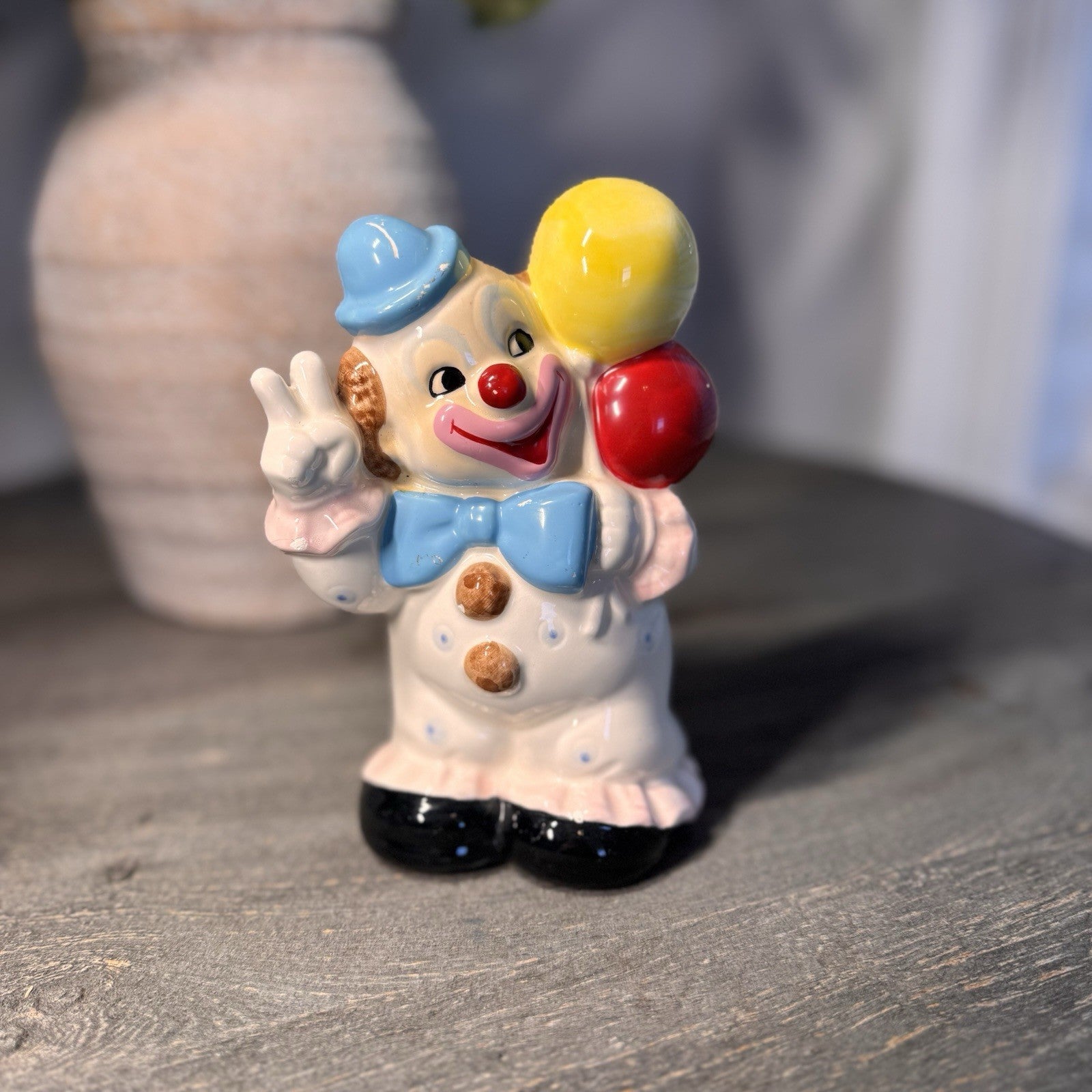 Vintage Lefton Ceramic Clown Bank & Balloon Ornament Set 6254 Mid Century Decor