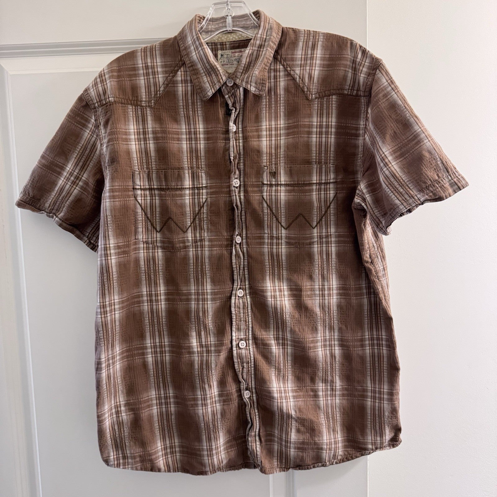 Wrangler Western Plaid Shirt Men’s Medium Brown Short Sleeve 100% Cotton USA Tag