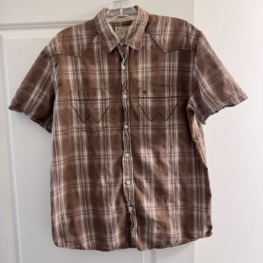 Wrangler Western Plaid Shirt Men’s Medium Brown Short Sleeve 100% Cotton USA Tag