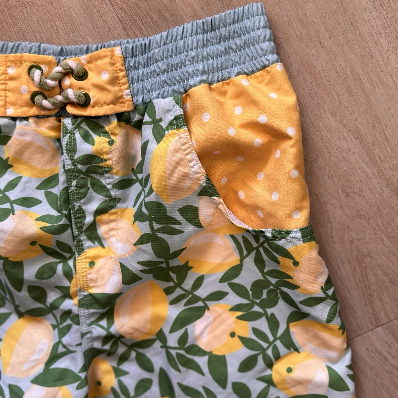 Matilda Jane Boys Size 14 Swim Trunks Board Shorts Lemon Print Blue Yellow Mesh