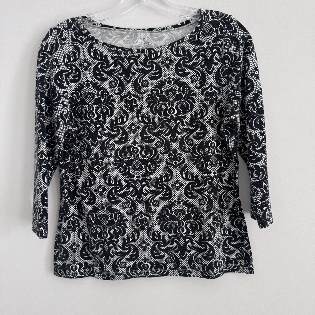 Talbots Petites M Black White Damask 3/4 Sleeve Cotton Top