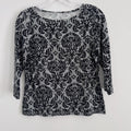 Talbots Petites M Black White Damask 3/4 Sleeve Cotton Top