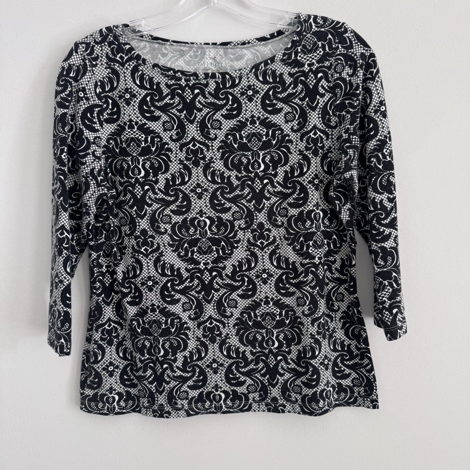Talbots Petites M Black White Damask 3/4 Sleeve Cotton Top
