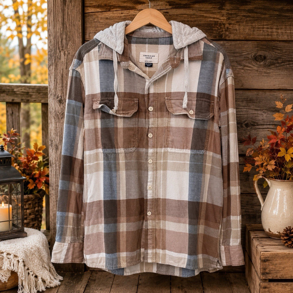 American Eagle Hooded Flannel Shirt XS Plaid Button Front Removable Hood