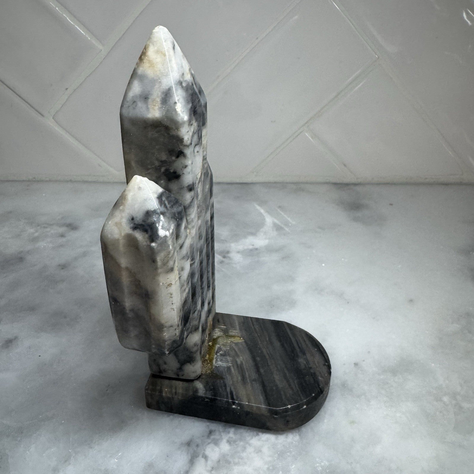Vintage Marble Stone Obelisk Bookend Gray White Natural Stone Decor 7.5”