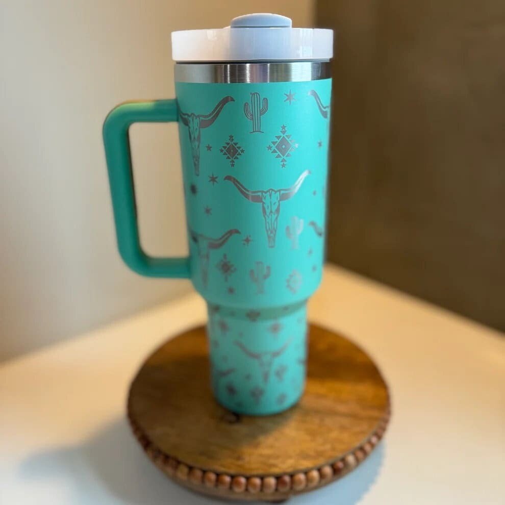 Rugged Charm: Lake Green Western Bull Laser-Engraved 40oz Tumbler