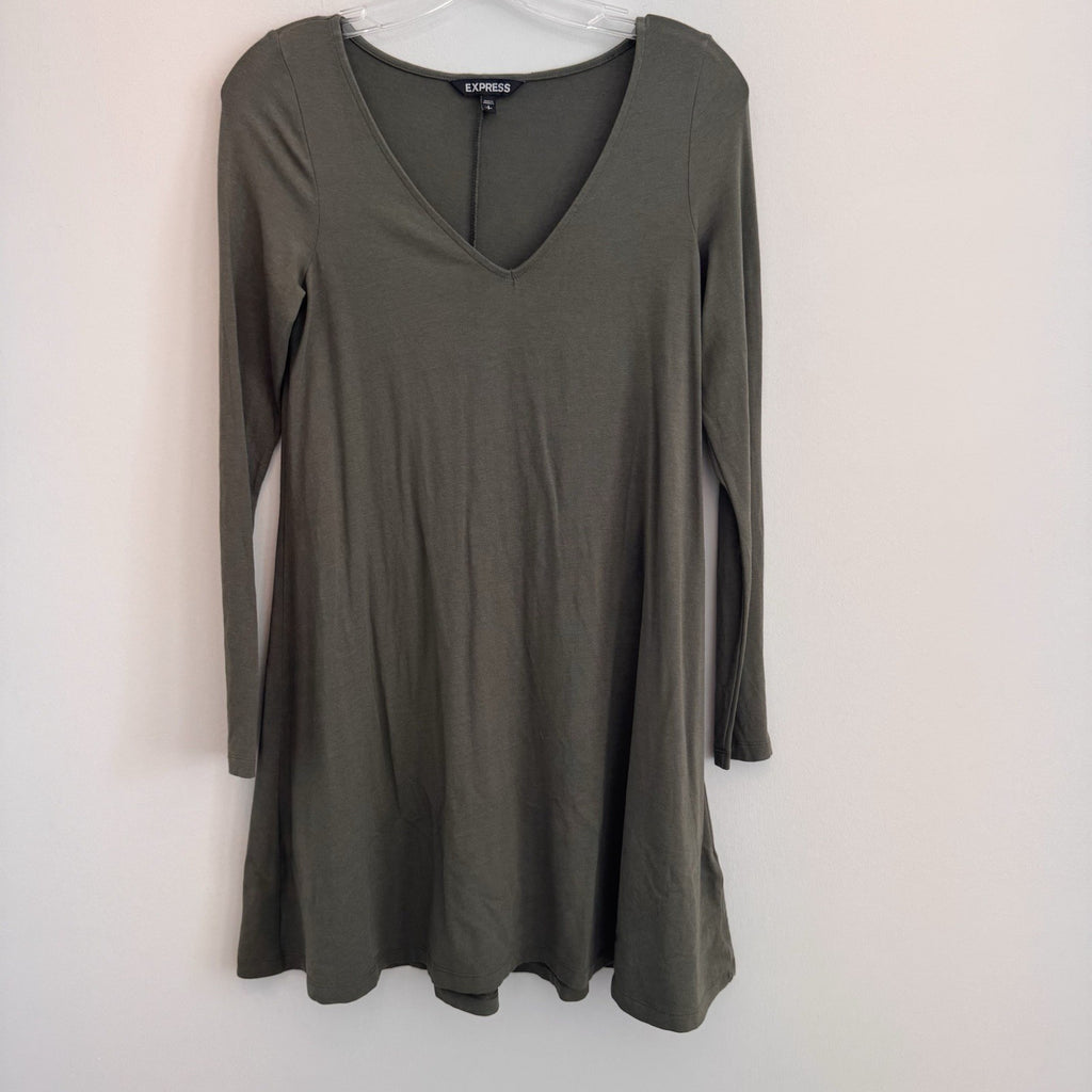 Express Olive Green Long Sleeve V-Neck Women's Casual Shift Dress Small