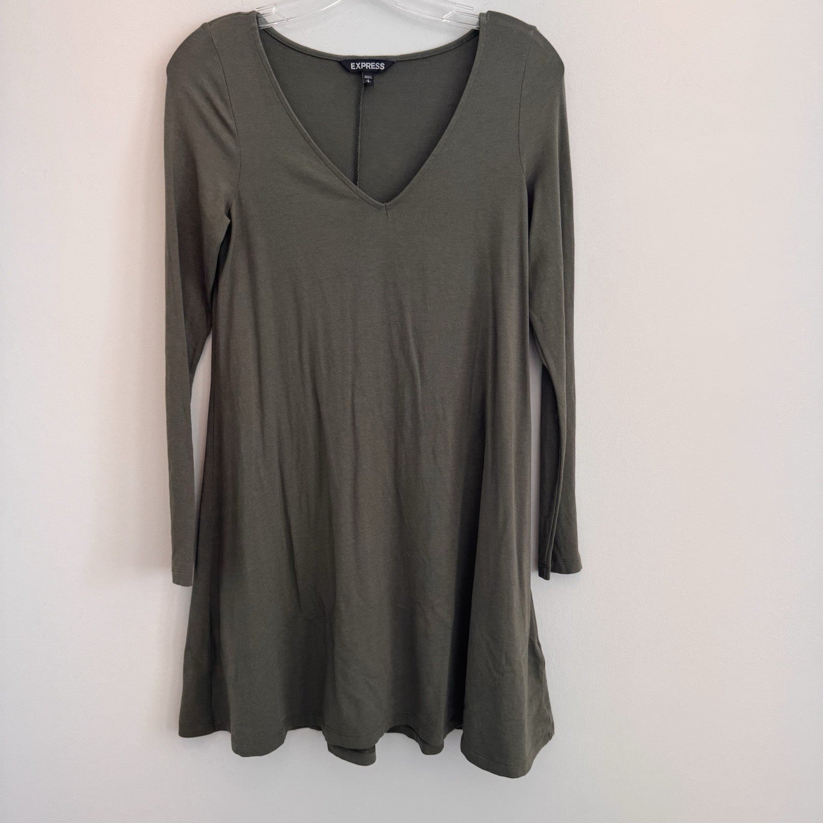Express Olive Green Long Sleeve V-Neck Women's Casual Shift Dress Small