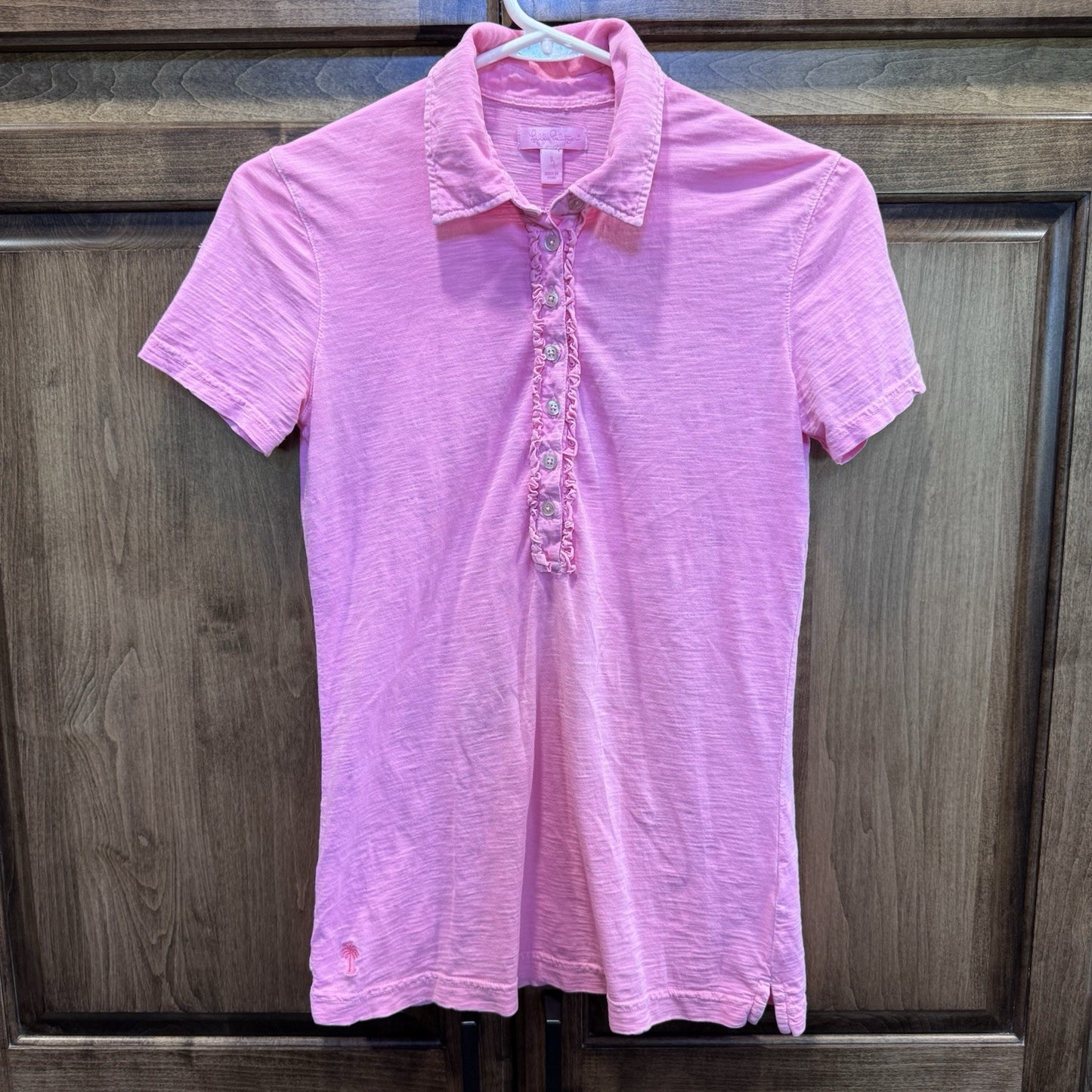 Lilly Pulitzer Pink Ruffle Button Polo Shirt Women’s Small Pima Cotton