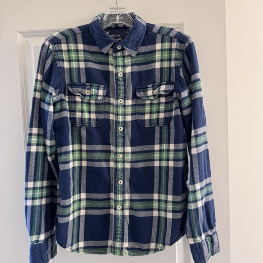 American Eagle Outfitters Flannel Shirt Small Blue Green Plaid Long Sleeve