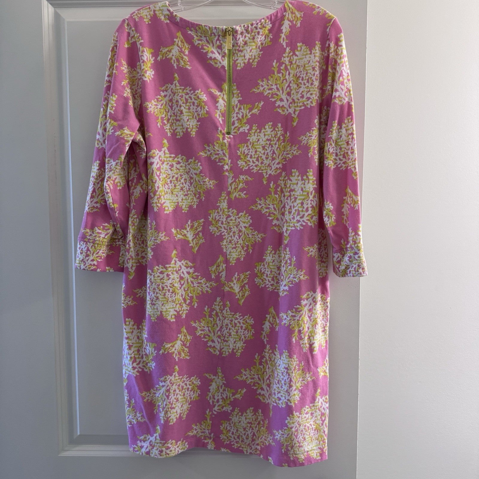 Crown & Ivy Womens Pink Coral Print Dress LARGE 3/4 Sleeve Back Zip Cotton Modal