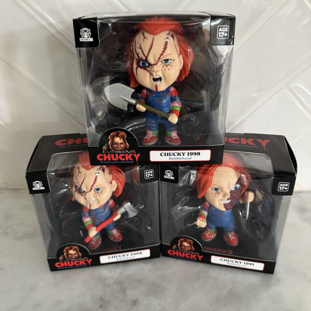 Chucky Bobblehead Lot CultuFly 1991 1998 2004 + Mini Snow Globe Horror NIB RARE