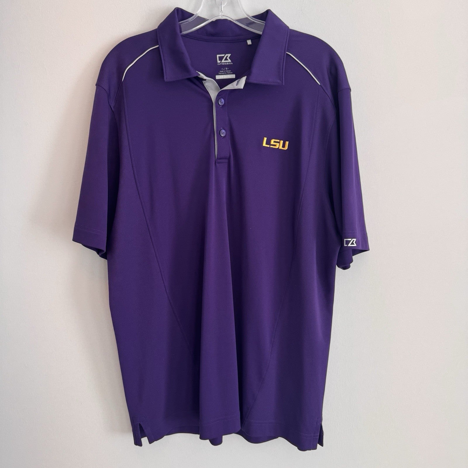 LSU Tigers Polo Shirt Cutter & Buck CB DryTec Purple Golf Polo L 